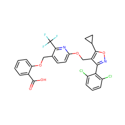 O=C(O)c1ccccc1OCc1ccc(OCc2c(-c3c(Cl)cccc3Cl)noc2C2CC2)nc1C(F)(F)F ZINC000058564036