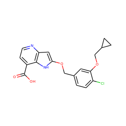 O=C(O)c1ccnc2cc(OCc3ccc(Cl)c(OCC4CC4)c3)[nH]c12 ZINC000653722480