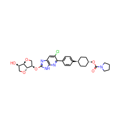 O=C(O[C@H]1CC[C@H](c2ccc(-c3nc4[nH]c(O[C@@H]5CO[C@H]6[C@H]5OC[C@H]6O)nc4cc3Cl)cc2)CC1)N1CCCC1 ZINC001772650626
