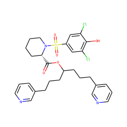 O=C(OC(CCCc1cccnc1)CCCc1cccnc1)[C@@H]1CCCCN1S(=O)(=O)c1cc(Cl)c(O)c(Cl)c1 ZINC000084708824