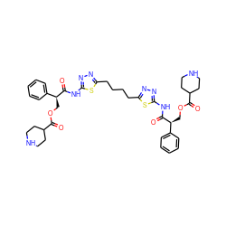 O=C(OC[C@H](C(=O)Nc1nnc(CCCCc2nnc(NC(=O)[C@@H](COC(=O)C3CCNCC3)c3ccccc3)s2)s1)c1ccccc1)C1CCNCC1 ZINC000169698179