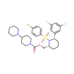 O=C(OC[C@H]1CCC[C@@H](c2cc(F)cc(F)c2)N1S(=O)(=O)c1ccc(Cl)cc1)N1CCC(N2CCCCC2)CC1 ZINC000028816546