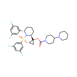 O=C(OC1([C@@H]2CCC[C@@H](c3cc(F)cc(F)c3)N2S(=O)(=O)c2cc(F)cc(F)c2)CC1)N1CCC(N2CCCCC2)CC1 ZINC000028879733