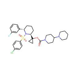 O=C(OC1([C@@H]2CCC[C@@H](c3cccc(F)c3)N2S(=O)(=O)c2ccc(Cl)cc2)CC1)N1CCC(N2CCCCC2)CC1 ZINC000028879268