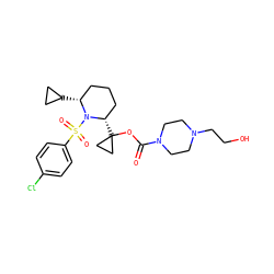 O=C(OC1([C@H]2CCC[C@@H](C3CC3)N2S(=O)(=O)c2ccc(Cl)cc2)CC1)N1CCN(CCO)CC1 ZINC000028827227