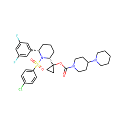 O=C(OC1([C@H]2CCC[C@@H](c3cc(F)cc(F)c3)N2S(=O)(=O)c2ccc(Cl)cc2)CC1)N1CCC(N2CCCCC2)CC1 ZINC000028827222