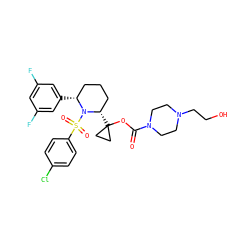 O=C(OC1([C@H]2CCC[C@@H](c3cc(F)cc(F)c3)N2S(=O)(=O)c2ccc(Cl)cc2)CC1)N1CCN(CCO)CC1 ZINC000028827203