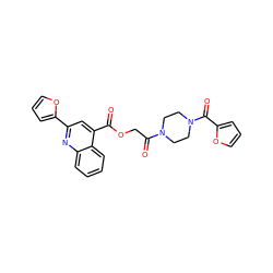 O=C(OCC(=O)N1CCN(C(=O)c2ccco2)CC1)c1cc(-c2ccco2)nc2ccccc12 ZINC000003319107