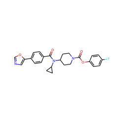 O=C(Oc1ccc(F)cc1)N1CCC(N(C(=O)c2ccc(-c3cnco3)cc2)C2CC2)CC1 ZINC000223659042