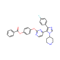 O=C(Oc1ccc(Oc2nccc(-c3c(-c4ccc(F)cc4)ncn3C3CCNCC3)n2)cc1)c1ccccc1 ZINC000071295956