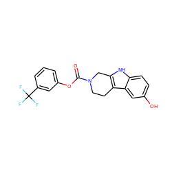 O=C(Oc1cccc(C(F)(F)F)c1)N1CCc2c([nH]c3ccc(O)cc23)C1 ZINC000095597294