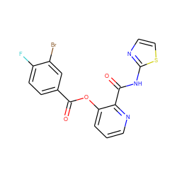 O=C(Oc1cccnc1C(=O)Nc1nccs1)c1ccc(F)c(Br)c1 ZINC000013521971