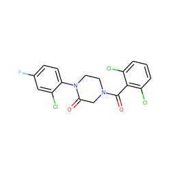 O=C(c1c(Cl)cccc1Cl)N1CCN(c2ccc(F)cc2Cl)C(=O)C1 ZINC000059282934