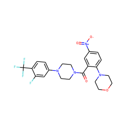 O=C(c1cc([N+](=O)[O-])ccc1N1CCOCC1)N1CCN(c2ccc(C(F)(F)F)c(F)c2)CC1 ZINC000040976849