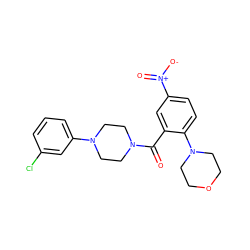 O=C(c1cc([N+](=O)[O-])ccc1N1CCOCC1)N1CCN(c2cccc(Cl)c2)CC1 ZINC000015014954