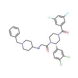 O=C(c1cc(F)cc(F)c1)N1CCN(C(=O)CNC2CCN(Cc3ccccc3)CC2)[C@@H](c2ccc(Cl)c(Cl)c2)C1 ZINC000026848887