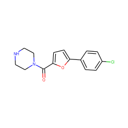 O=C(c1ccc(-c2ccc(Cl)cc2)o1)N1CCNCC1 ZINC000042878005