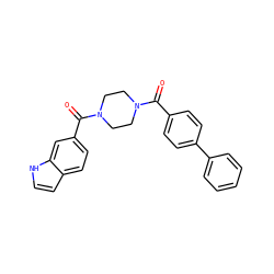 O=C(c1ccc(-c2ccccc2)cc1)N1CCN(C(=O)c2ccc3cc[nH]c3c2)CC1 ZINC000001501732