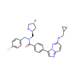 O=C(c1ccc(-c2cnc3ccc(NCC4CC4)nn23)cc1)N(Cc1ccc(Cl)cc1)C[C@@H]1C[C@@H](F)CN1 ZINC000066166836