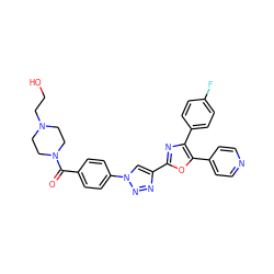 O=C(c1ccc(-n2cc(-c3nc(-c4ccc(F)cc4)c(-c4ccncc4)o3)nn2)cc1)N1CCN(CCO)CC1 ZINC000103258509