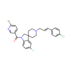 O=C(c1ccc(Br)nc1)N1CC2(CCN(C/C=C/c3ccc(Cl)cc3)CC2)c2cc(F)ccc21 ZINC001772644429