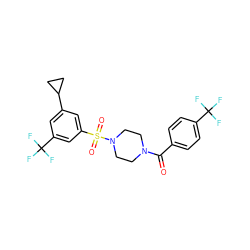 O=C(c1ccc(C(F)(F)F)cc1)N1CCN(S(=O)(=O)c2cc(C3CC3)cc(C(F)(F)F)c2)CC1 ZINC000042889709