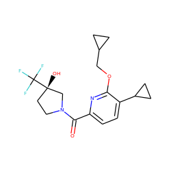 O=C(c1ccc(C2CC2)c(OCC2CC2)n1)N1CC[C@](O)(C(F)(F)F)C1 ZINC000146427200