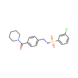 O=C(c1ccc(CNS(=O)(=O)c2cccc(Cl)c2)cc1)N1CCCCC1 ZINC000000630910