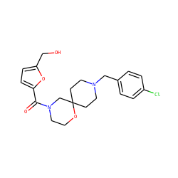 O=C(c1ccc(CO)o1)N1CCOC2(CCN(Cc3ccc(Cl)cc3)CC2)C1 ZINC000064559885