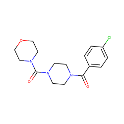 O=C(c1ccc(Cl)cc1)N1CCN(C(=O)N2CCOCC2)CC1 ZINC000027342184