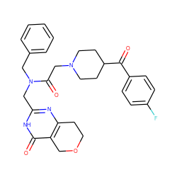 O=C(c1ccc(F)cc1)C1CCN(CC(=O)N(Cc2ccccc2)Cc2nc3c(c(=O)[nH]2)COCC3)CC1 ZINC000096283569