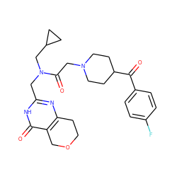 O=C(c1ccc(F)cc1)C1CCN(CC(=O)N(Cc2nc3c(c(=O)[nH]2)COCC3)CC2CC2)CC1 ZINC000096283563