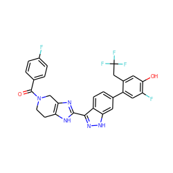 O=C(c1ccc(F)cc1)N1CCc2[nH]c(-c3n[nH]c4cc(-c5cc(F)c(O)cc5CC(F)(F)F)ccc34)nc2C1 ZINC000146195524