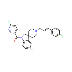 O=C(c1ccc(F)nc1)N1CC2(CCN(C/C=C/c3ccc(Cl)cc3)CC2)c2cc(F)ccc21 ZINC001772630286