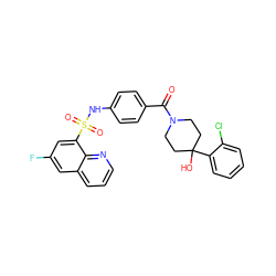 O=C(c1ccc(NS(=O)(=O)c2cc(F)cc3cccnc23)cc1)N1CCC(O)(c2ccccc2Cl)CC1 ZINC000217628376