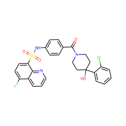 O=C(c1ccc(NS(=O)(=O)c2ccc(F)c3cccnc23)cc1)N1CCC(O)(c2ccccc2Cl)CC1 ZINC000220463749