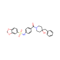 O=C(c1ccc(NS(=O)(=O)c2ccc3c(c2)OCO3)cc1)N1CCC(O)(Cc2ccccc2)CC1 ZINC000221284681