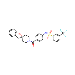 O=C(c1ccc(NS(=O)(=O)c2cccc(C(F)(F)F)c2)cc1)N1CCC(O)(Cc2ccccc2)CC1 ZINC000221284595