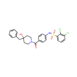 O=C(c1ccc(NS(=O)(=O)c2cccc(Cl)c2Cl)cc1)N1CCC(O)(Cc2ccccc2)CC1 ZINC000220542550