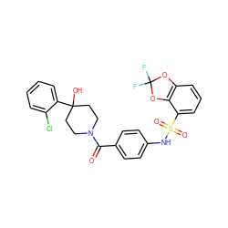 O=C(c1ccc(NS(=O)(=O)c2cccc3c2OC(F)(F)O3)cc1)N1CCC(O)(c2ccccc2Cl)CC1 ZINC000221284867