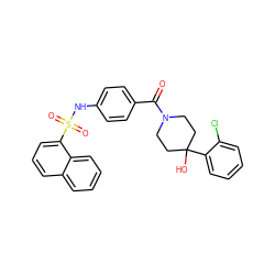 O=C(c1ccc(NS(=O)(=O)c2cccc3ccccc23)cc1)N1CCC(O)(c2ccccc2Cl)CC1 ZINC000217615430