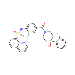 O=C(c1ccc(NS(=O)(=O)c2cccc3cccnc23)c(F)c1)N1CCC(O)(c2ccccc2Cl)CC1 ZINC000217763704