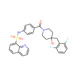 O=C(c1ccc(NS(=O)(=O)c2cccc3cccnc23)cc1)N1CCC(O)(Cc2c(F)cccc2F)CC1 ZINC000217616598