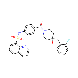 O=C(c1ccc(NS(=O)(=O)c2cccc3cccnc23)cc1)N1CCC(O)(Cc2ccccc2F)CC1 ZINC000220680481