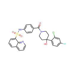 O=C(c1ccc(NS(=O)(=O)c2cccc3cccnc23)cc1)N1CCC(O)(c2ccc(F)cc2Cl)CC1 ZINC000220662811