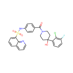 O=C(c1ccc(NS(=O)(=O)c2cccc3cccnc23)cc1)N1CCC(O)(c2cccc(F)c2Cl)CC1 ZINC000220662906