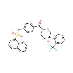 O=C(c1ccc(NS(=O)(=O)c2cccc3cccnc23)cc1)N1CCC(O)(c2ncccc2C(F)(F)F)CC1 ZINC000220719290