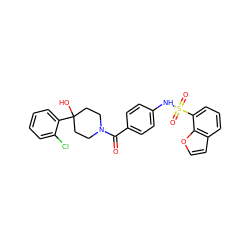 O=C(c1ccc(NS(=O)(=O)c2cccc3ccoc23)cc1)N1CCC(O)(c2ccccc2Cl)CC1 ZINC000220623897