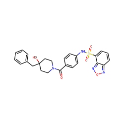 O=C(c1ccc(NS(=O)(=O)c2cccc3nonc23)cc1)N1CCC(O)(Cc2ccccc2)CC1 ZINC000221285533