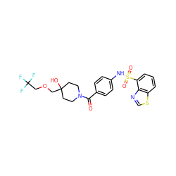 O=C(c1ccc(NS(=O)(=O)c2cccc3scnc23)cc1)N1CCC(O)(COCC(F)(F)F)CC1 ZINC000217637642